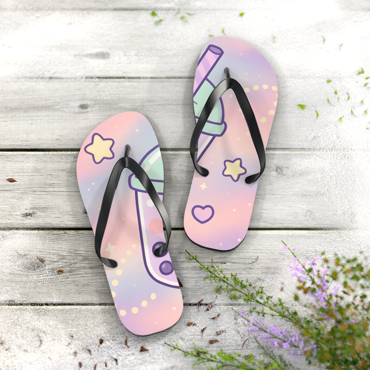 Nebula Bubble Tea Constellation designer logo flip flops