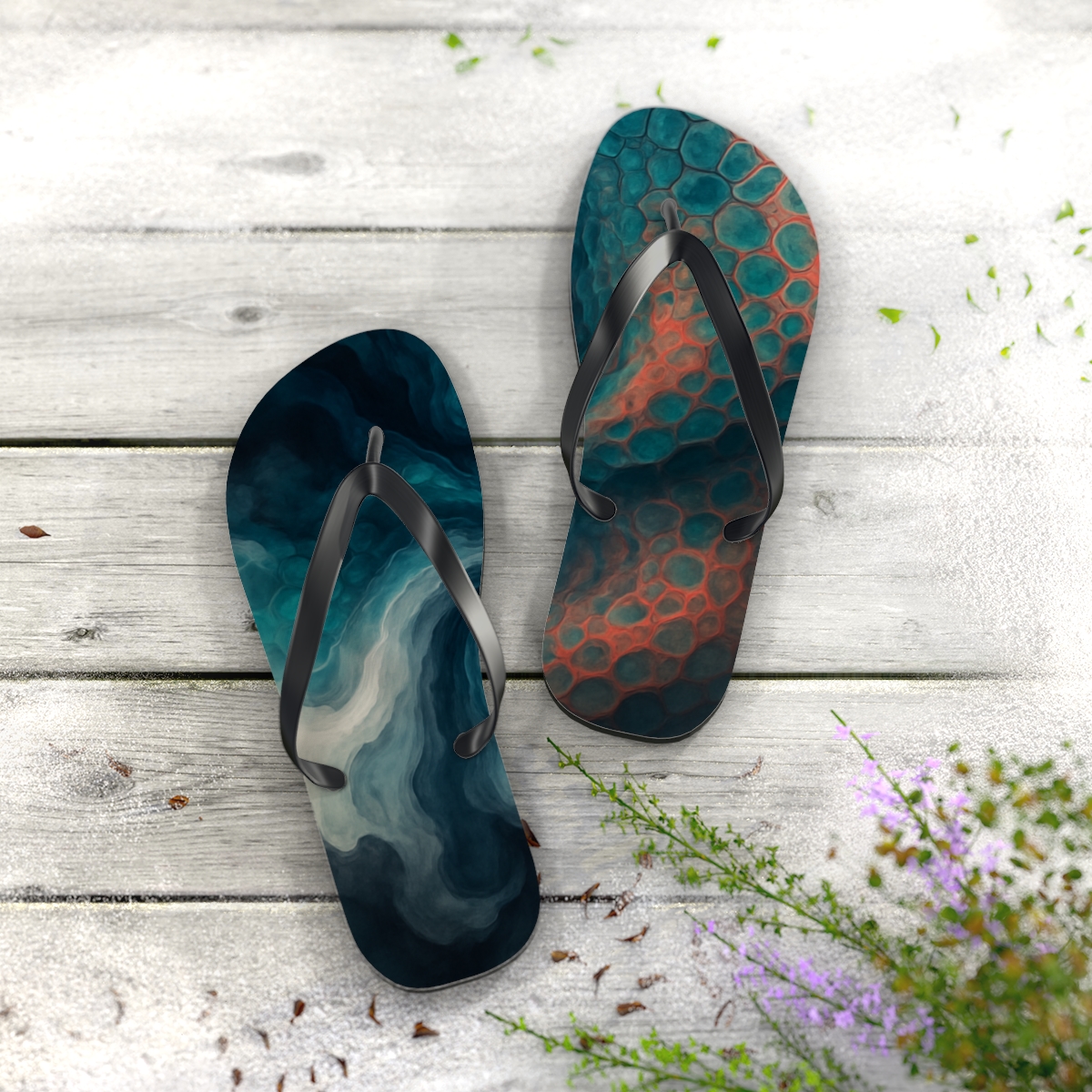 Cuttlefish Ink Pulse Mosaic personalized beach flip flops