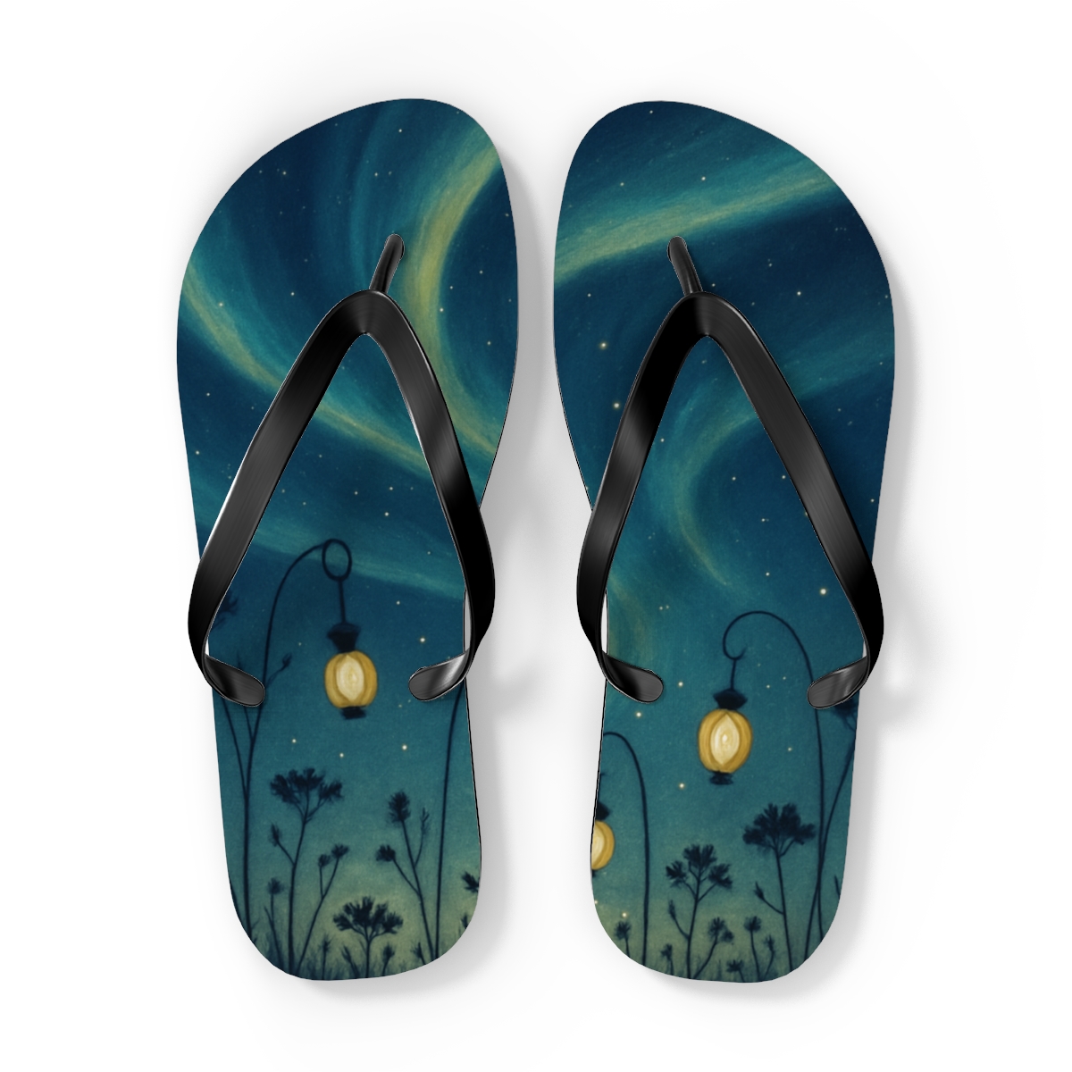 Midsummer Solstice Aurora Ribbons designer logo flip flops