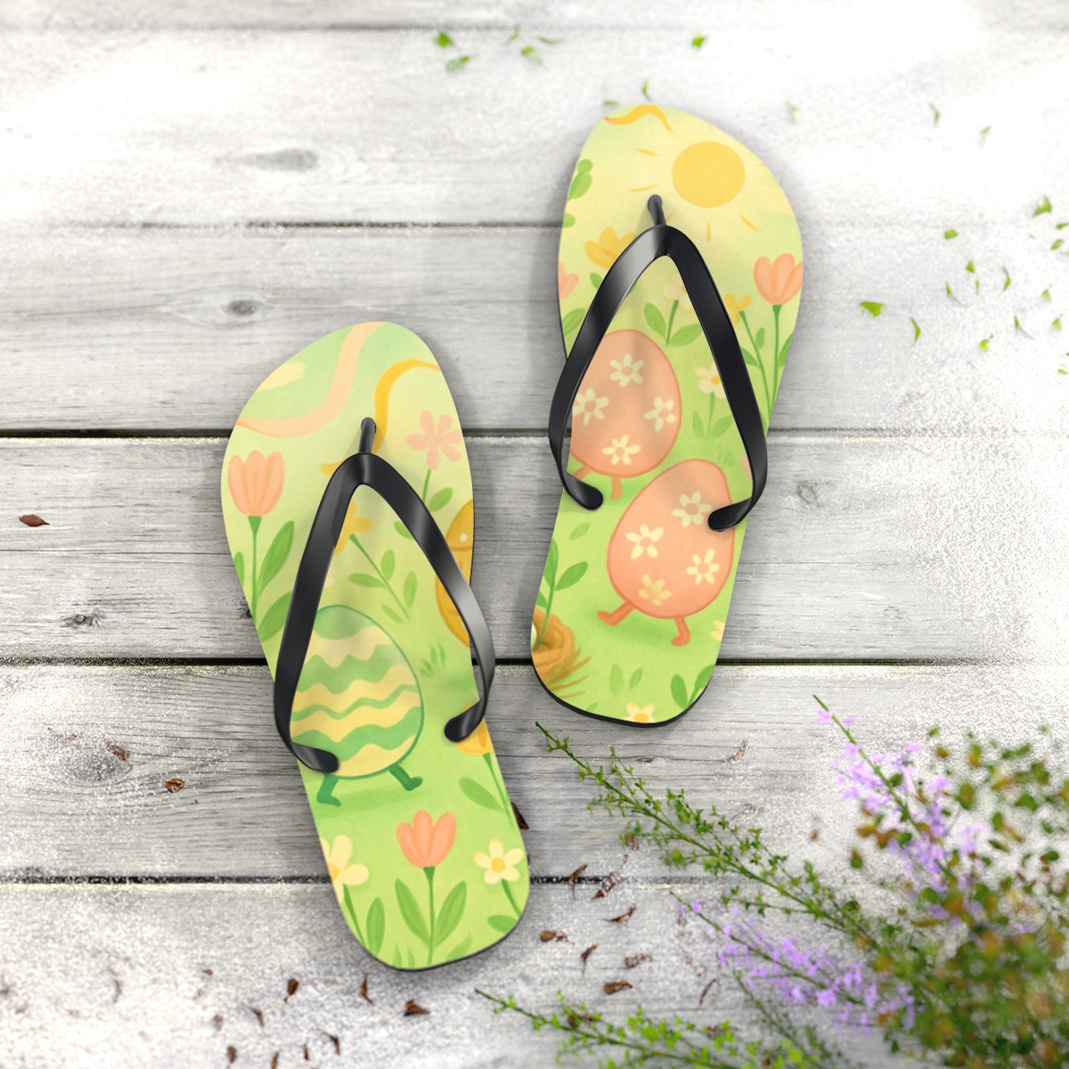 Spring Egg Meadow Parade designer logo flip flops