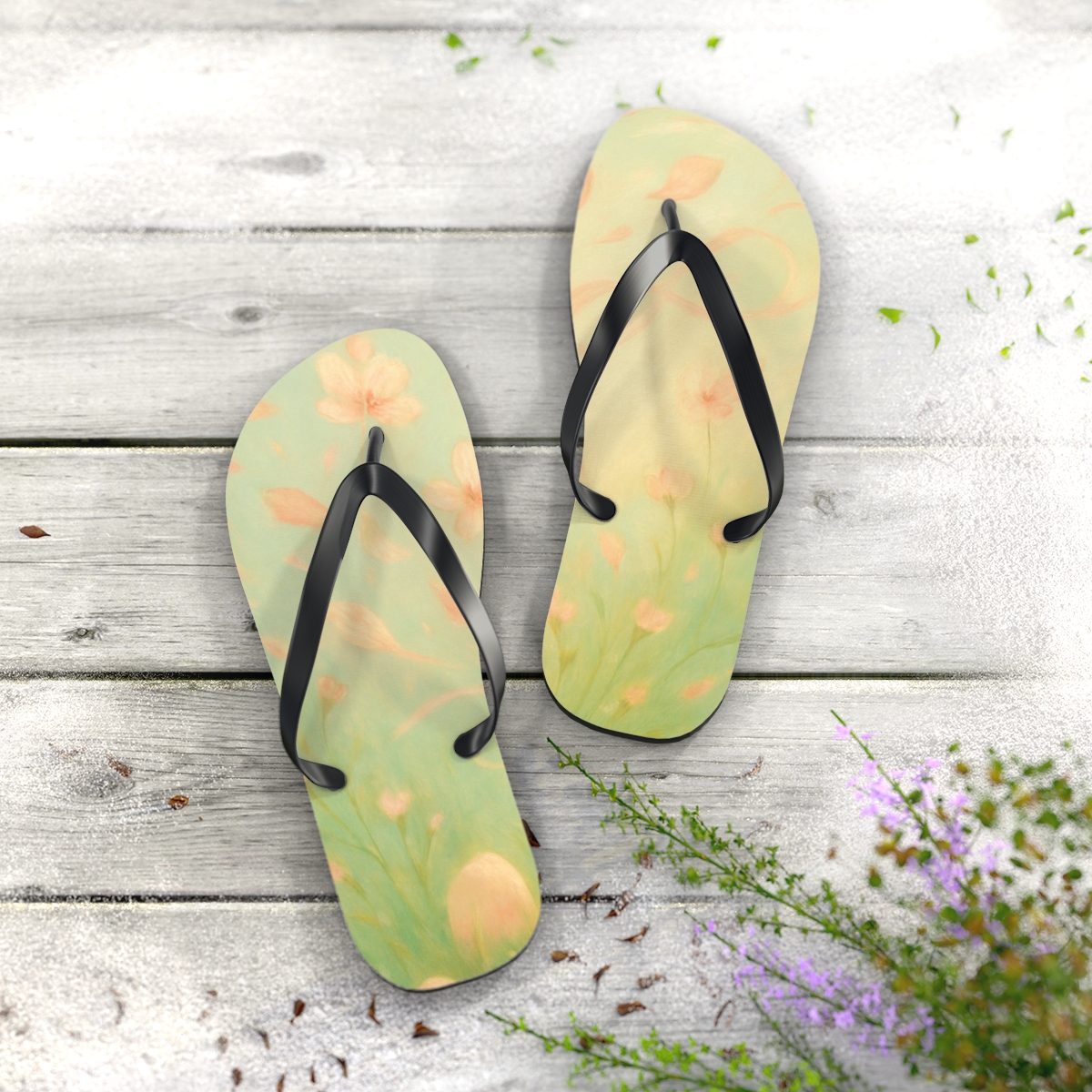 Spring Equinox Petal Drift colorful rubber flip flops