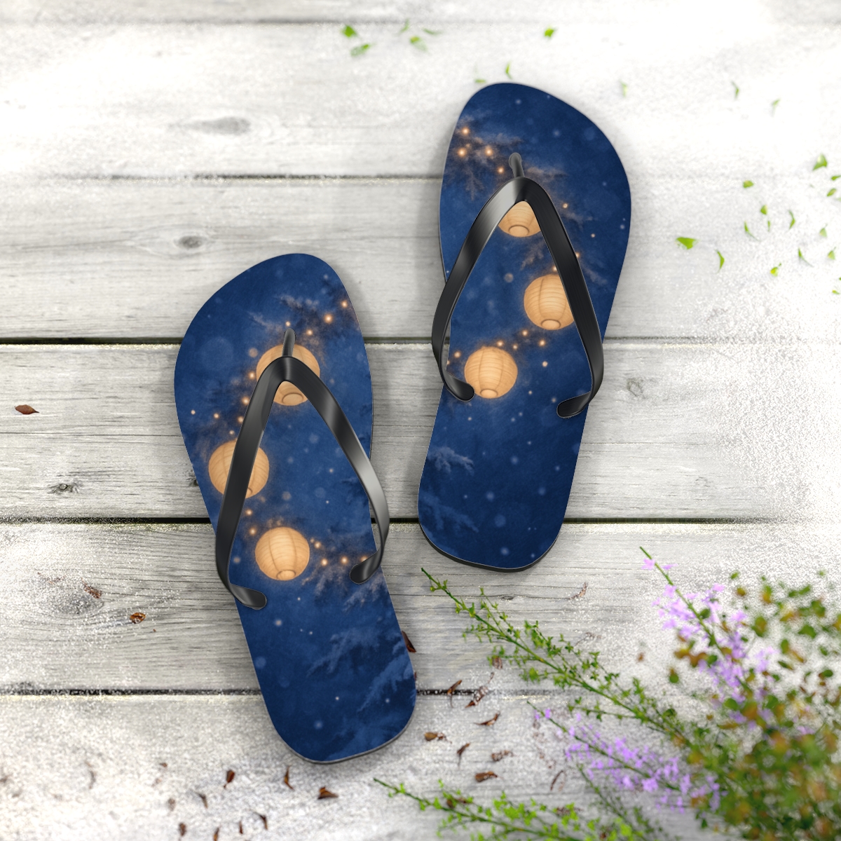 Winter Solstice Lantern Halo personalized beach flip flops