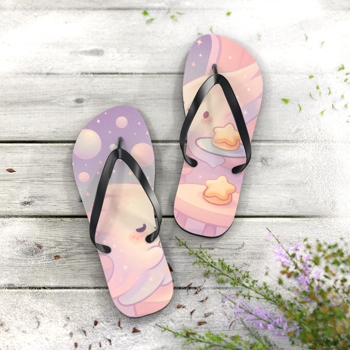 Cotton Candy Comet Cafe personalized beach flip flops
