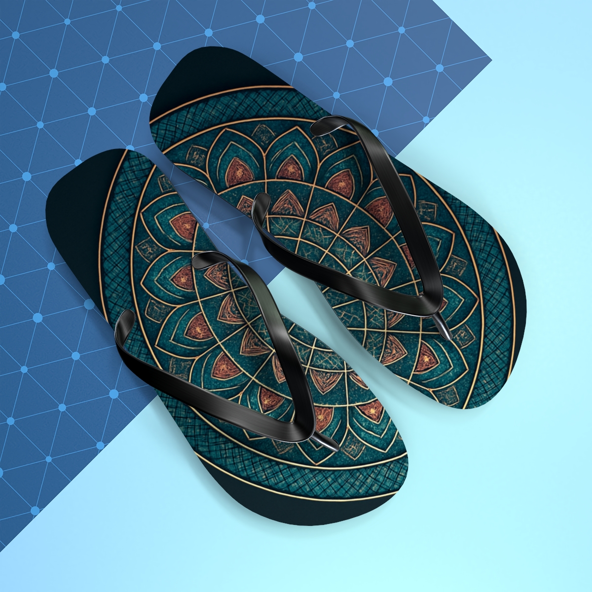 Prismatic Lattice Bloomwheel designer logo flip flops