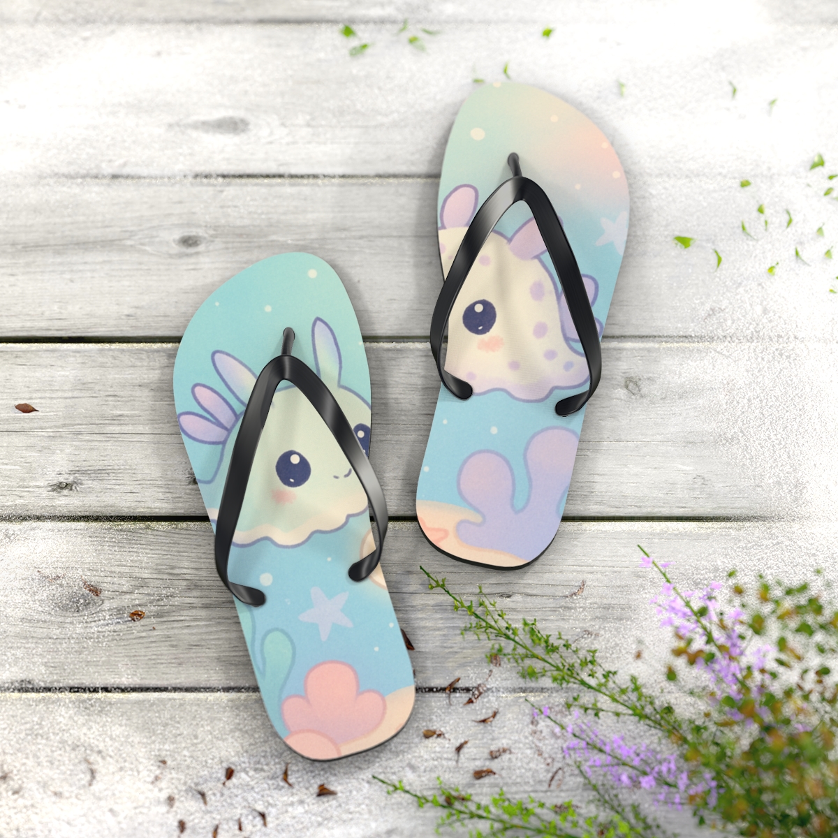 Pastel Lantern Sea Slugs personalized beach flip flops