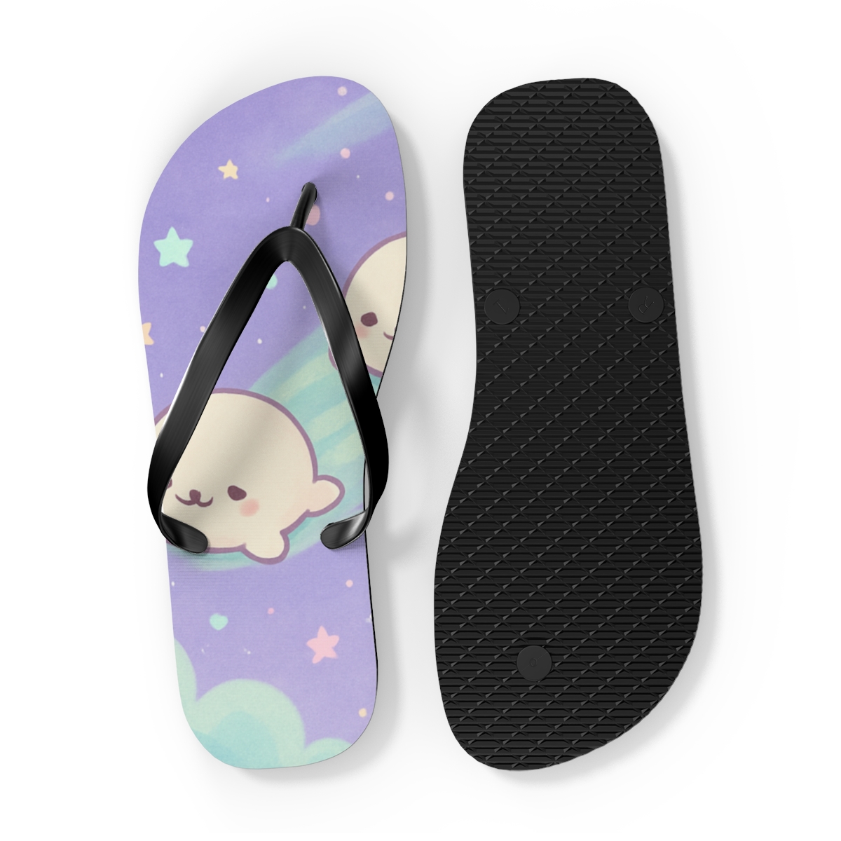 Sleepy Comet Seal Parade custom flip flops