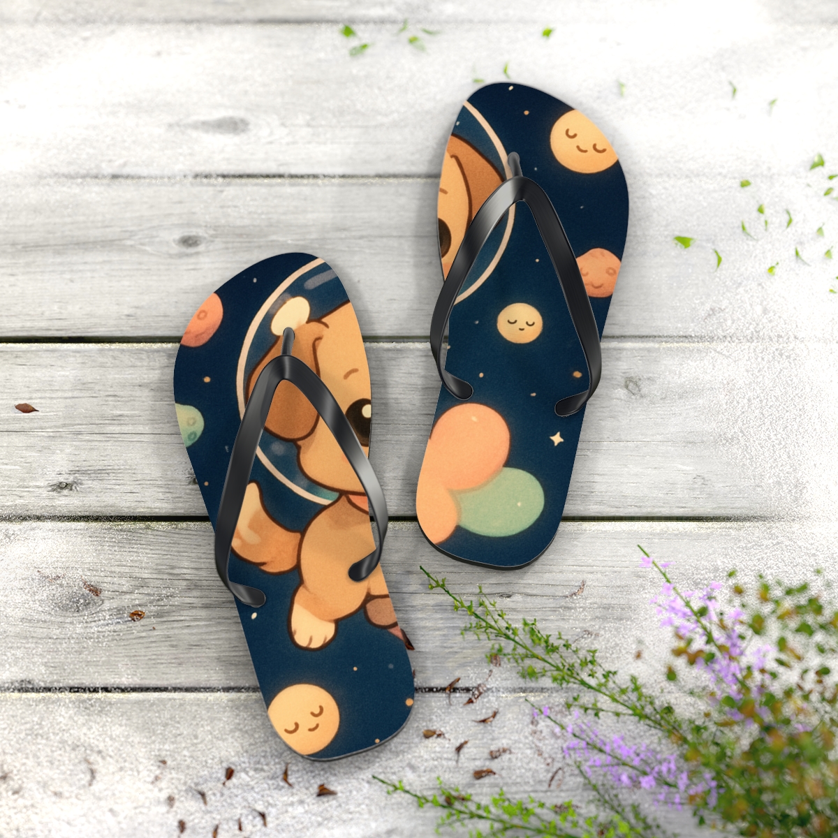 Pocket Comet Puppy Parade designer logo flip flops