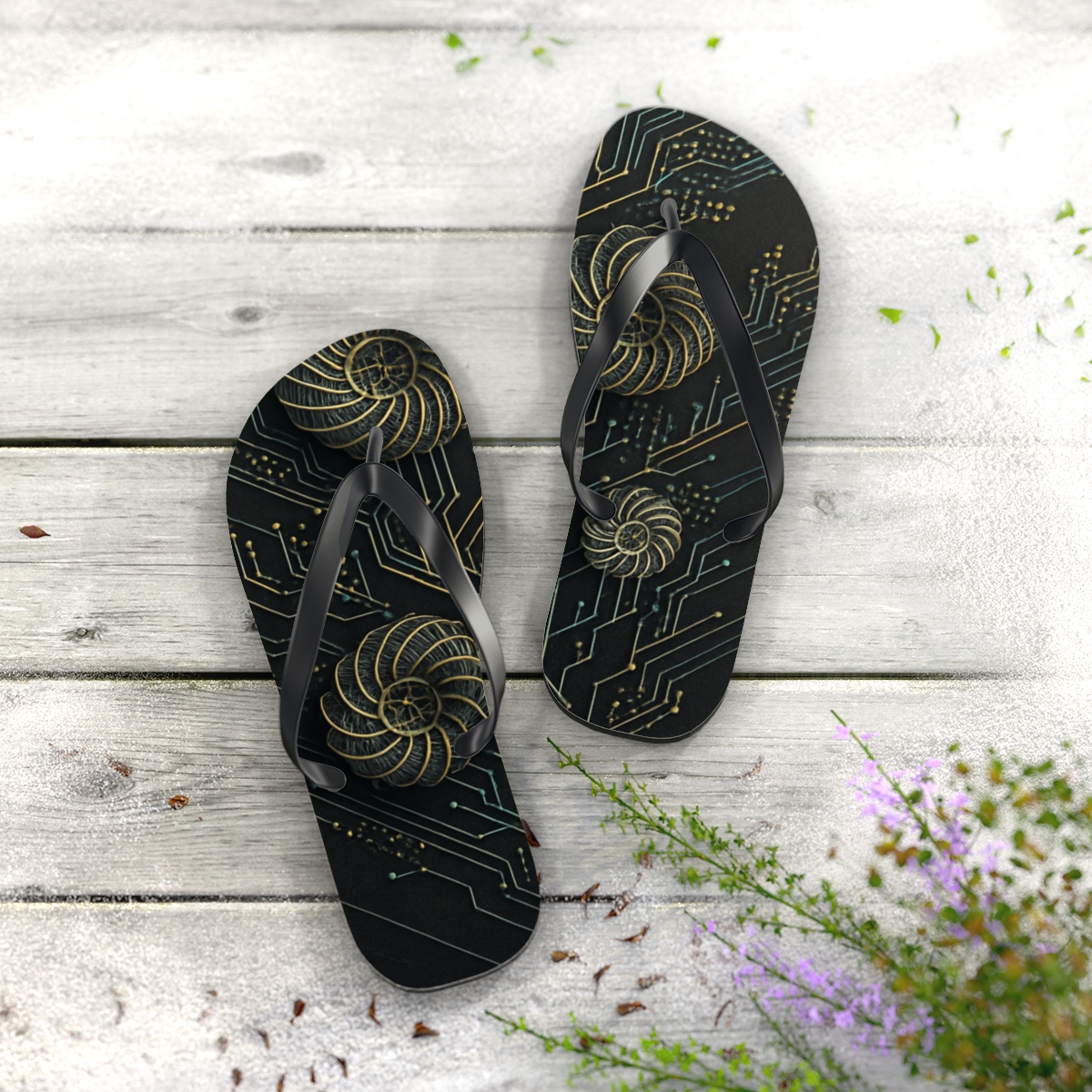 Fractal Corolla Circuitry personalized beach flip flops
