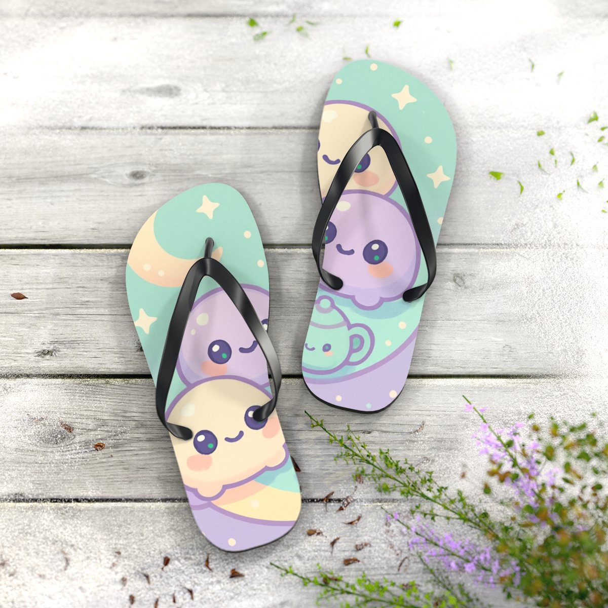 Mochi Moon Picnic trendy printed flip flops