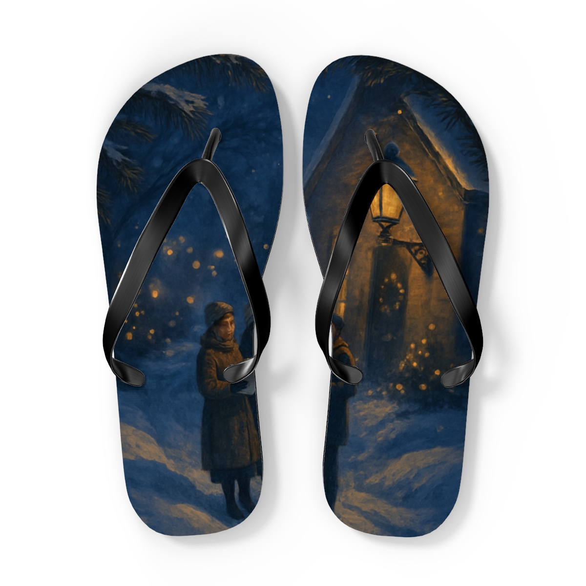 Lanternlit Midwinter Carol Scene unique graphic flip flops
