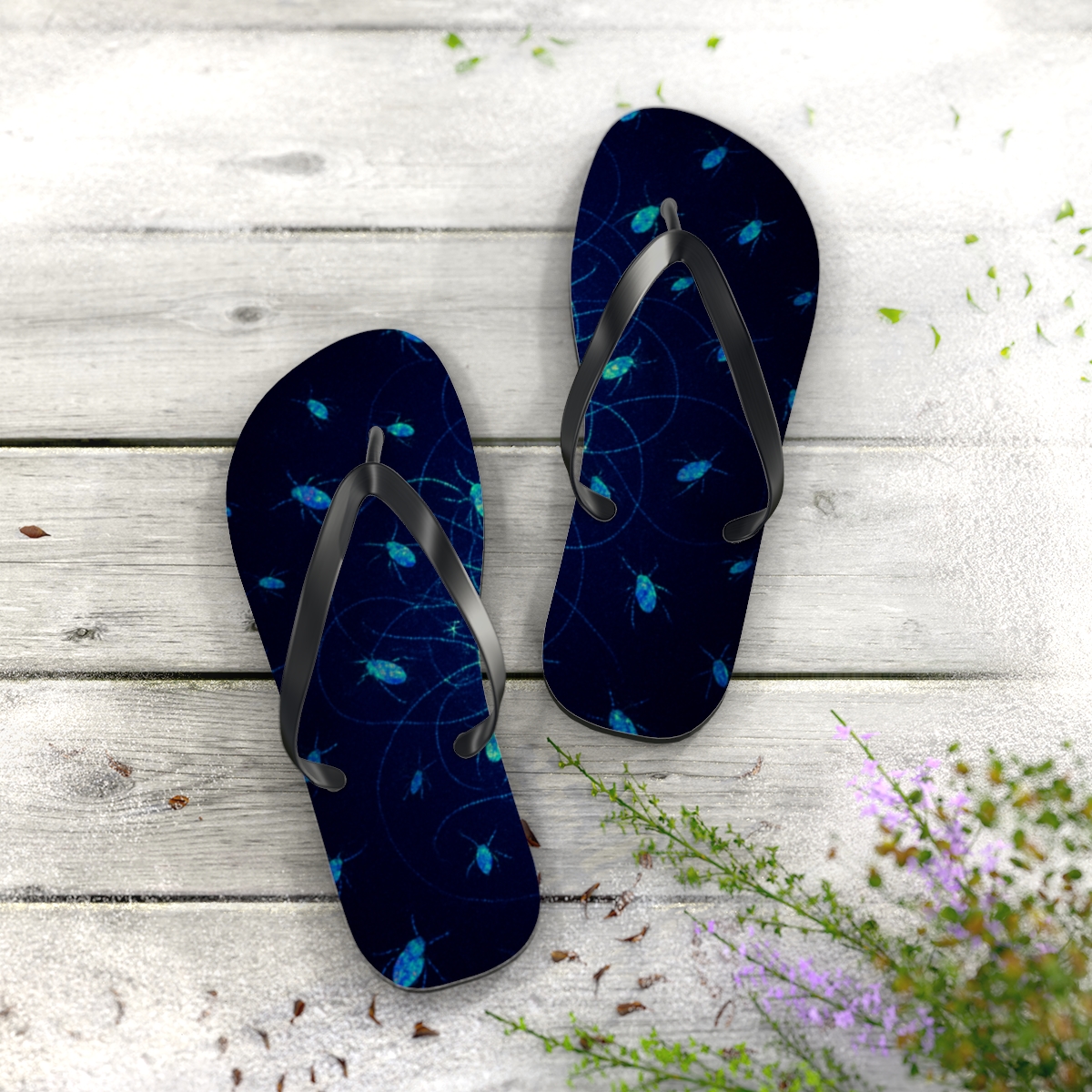 Iridescent Swarm Of The Star Beetles colorful rubber flip flops