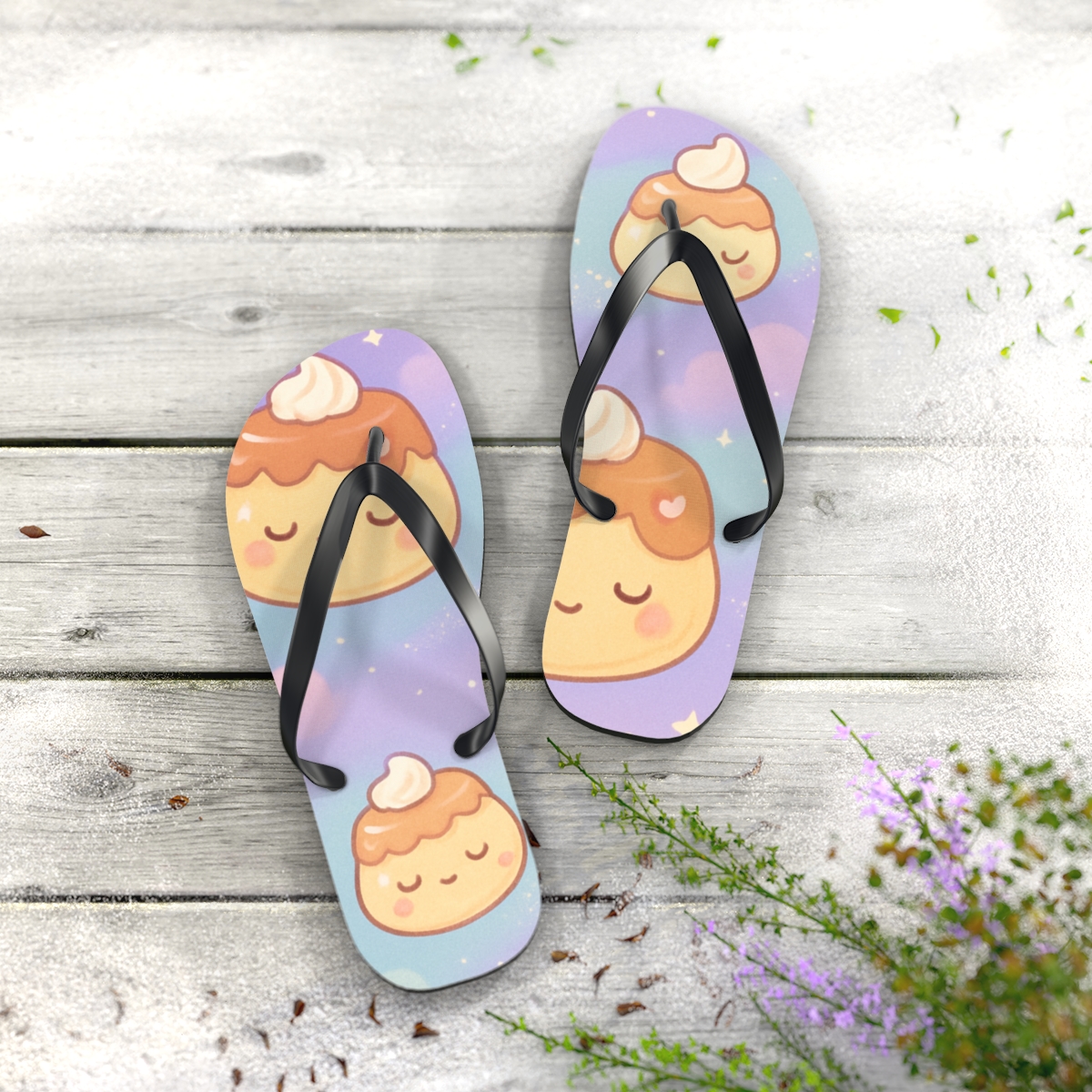 Pastel Planet Pudding Parade trendy printed flip flops