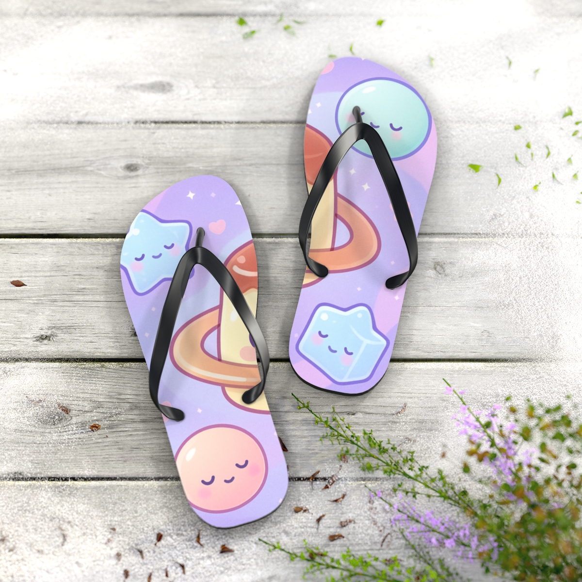 Pastel Planet Pudding Pals custom flip flops