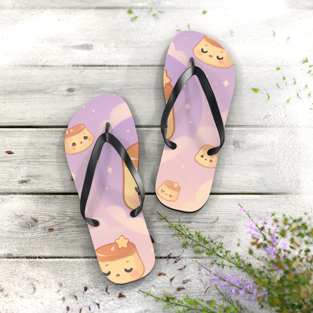 Sleepy Moon Pudding Patrol colorful rubber flip flops