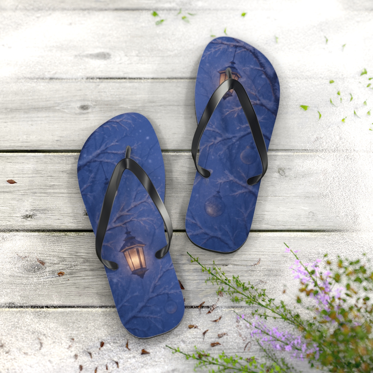 Winter Lantern Snowfall colorful rubber flip flops