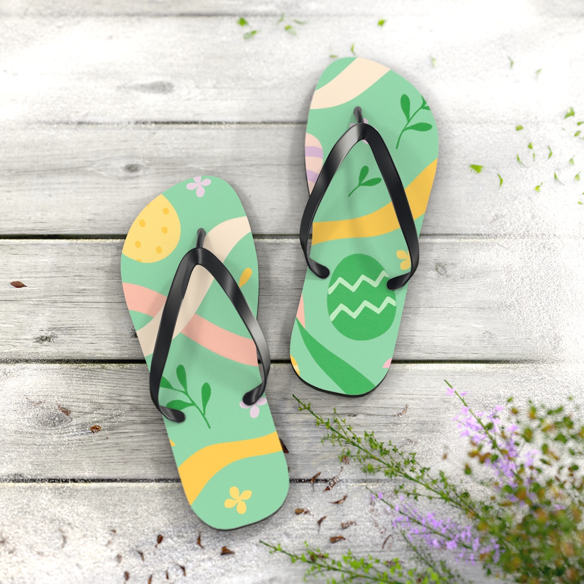 Spring Equinox Ribbon Egg Garden personalized beach flip flops