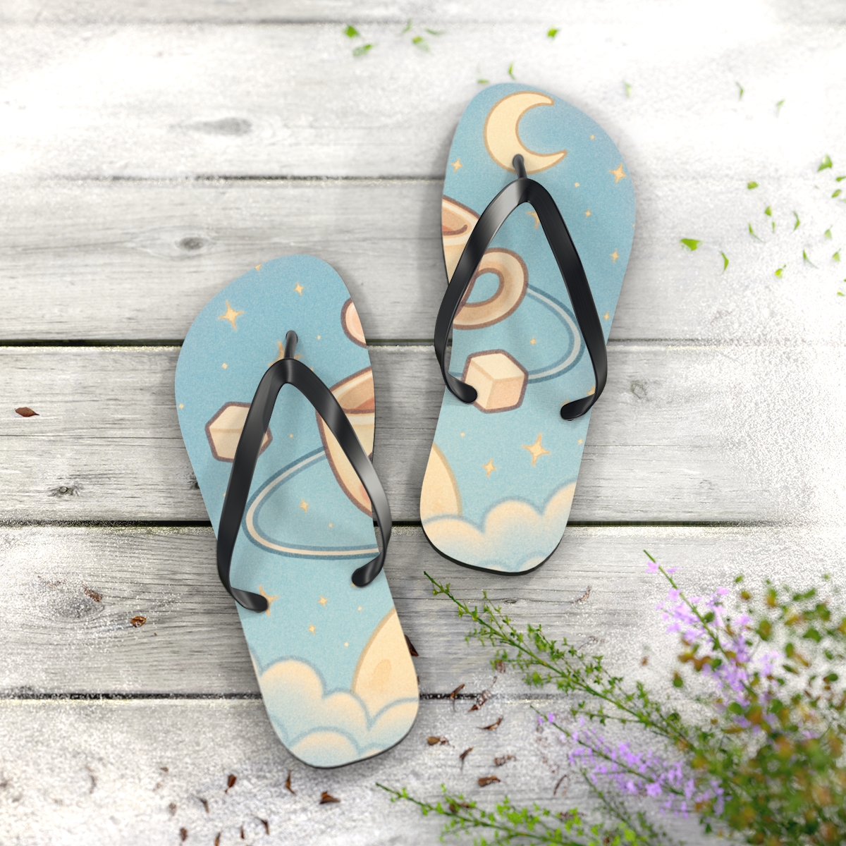 Starlight Teacup Satellite Tea Party designer logo flip flops