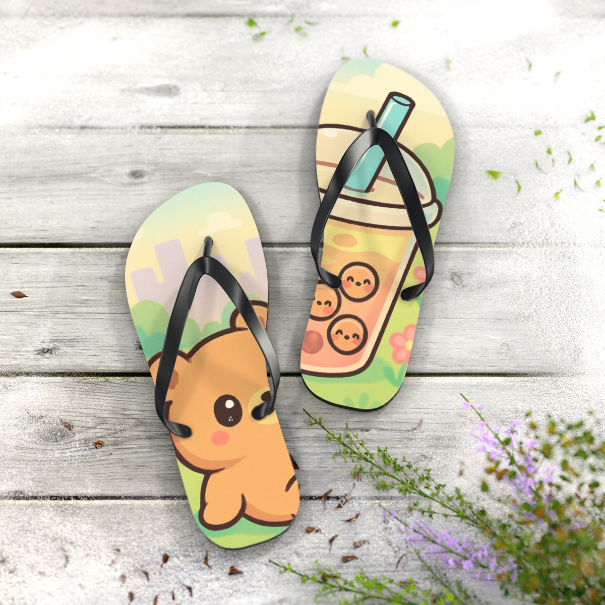 Bubble Tea Bear Picnic custom flip flops