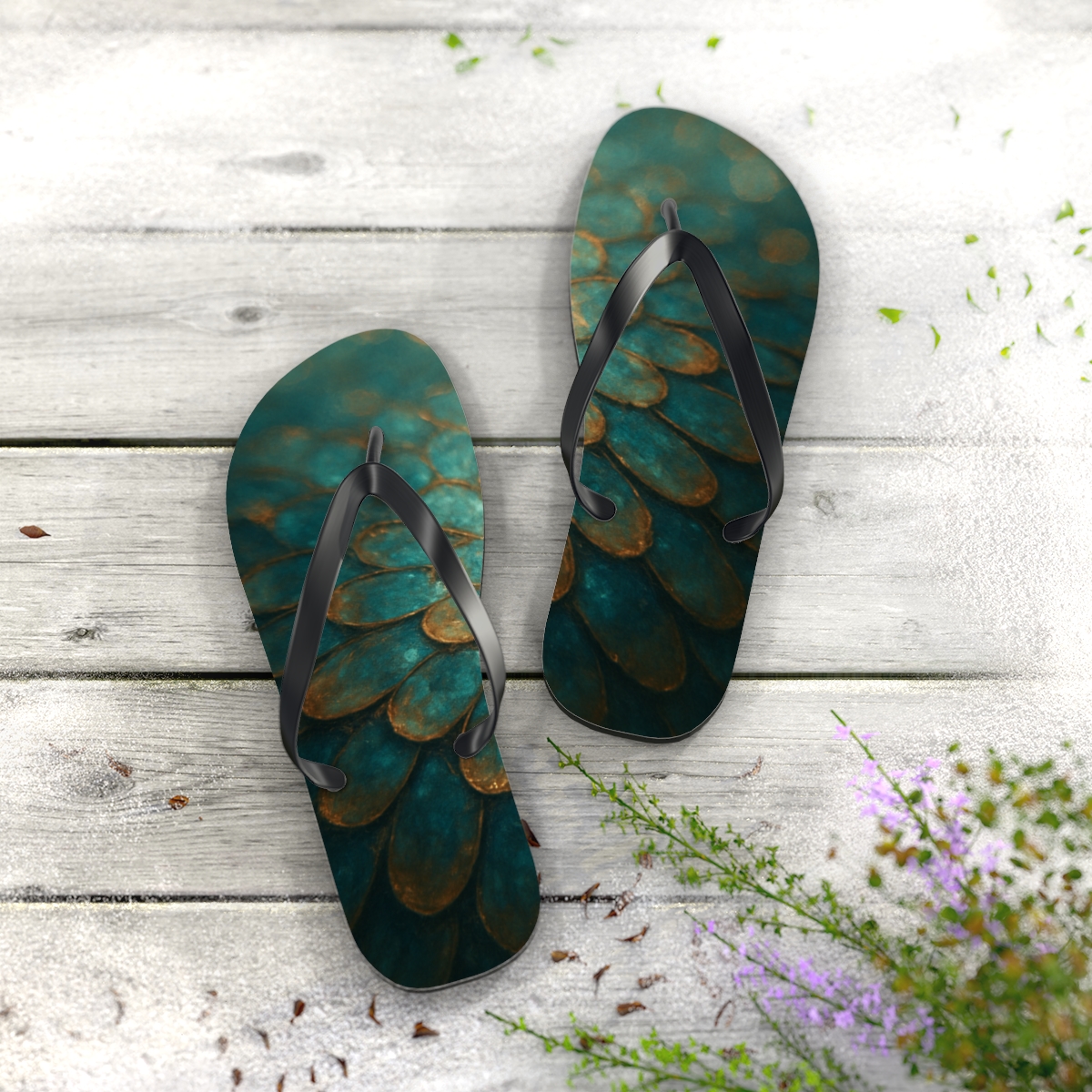 Iridescent Beetle Mosaic personalized beach flip flops