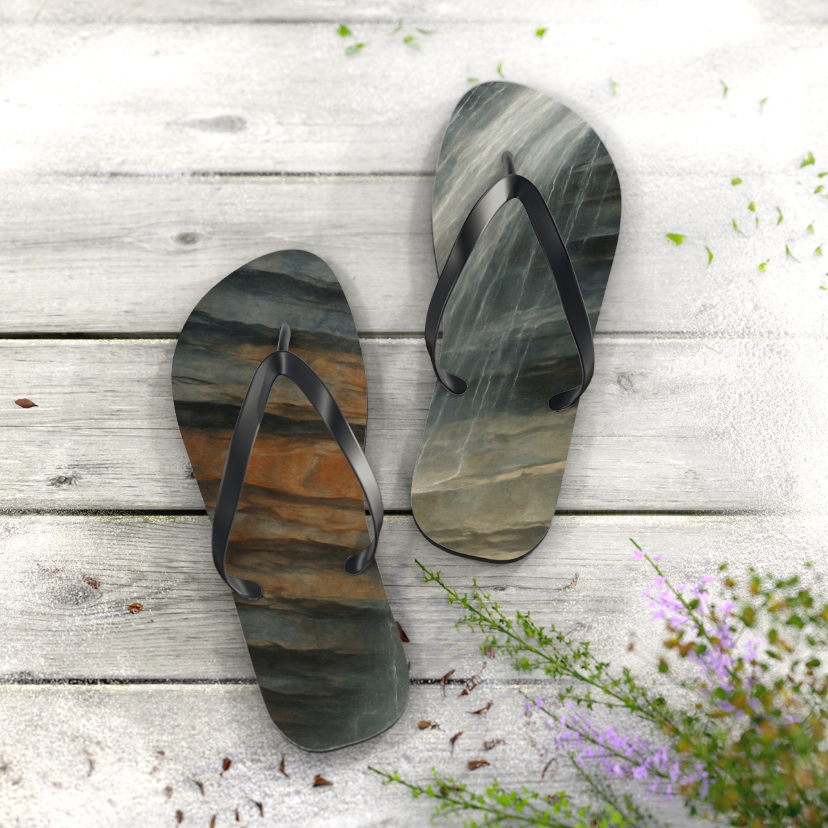 Prismatic Strata Cascade designer logo flip flops