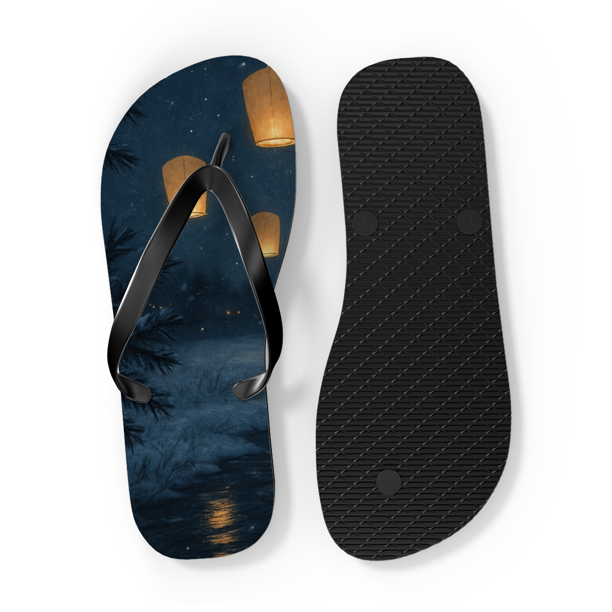 Winter Solstice Lantern Drift colorful rubber flip flops