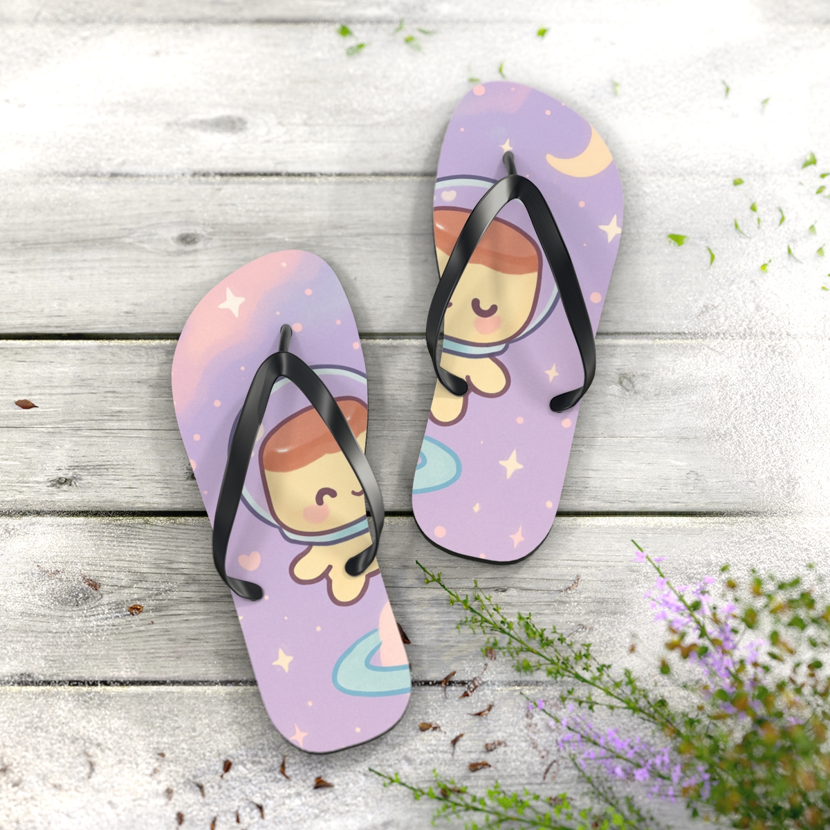 Cosmic Pudding Astronauts designer logo flip flops