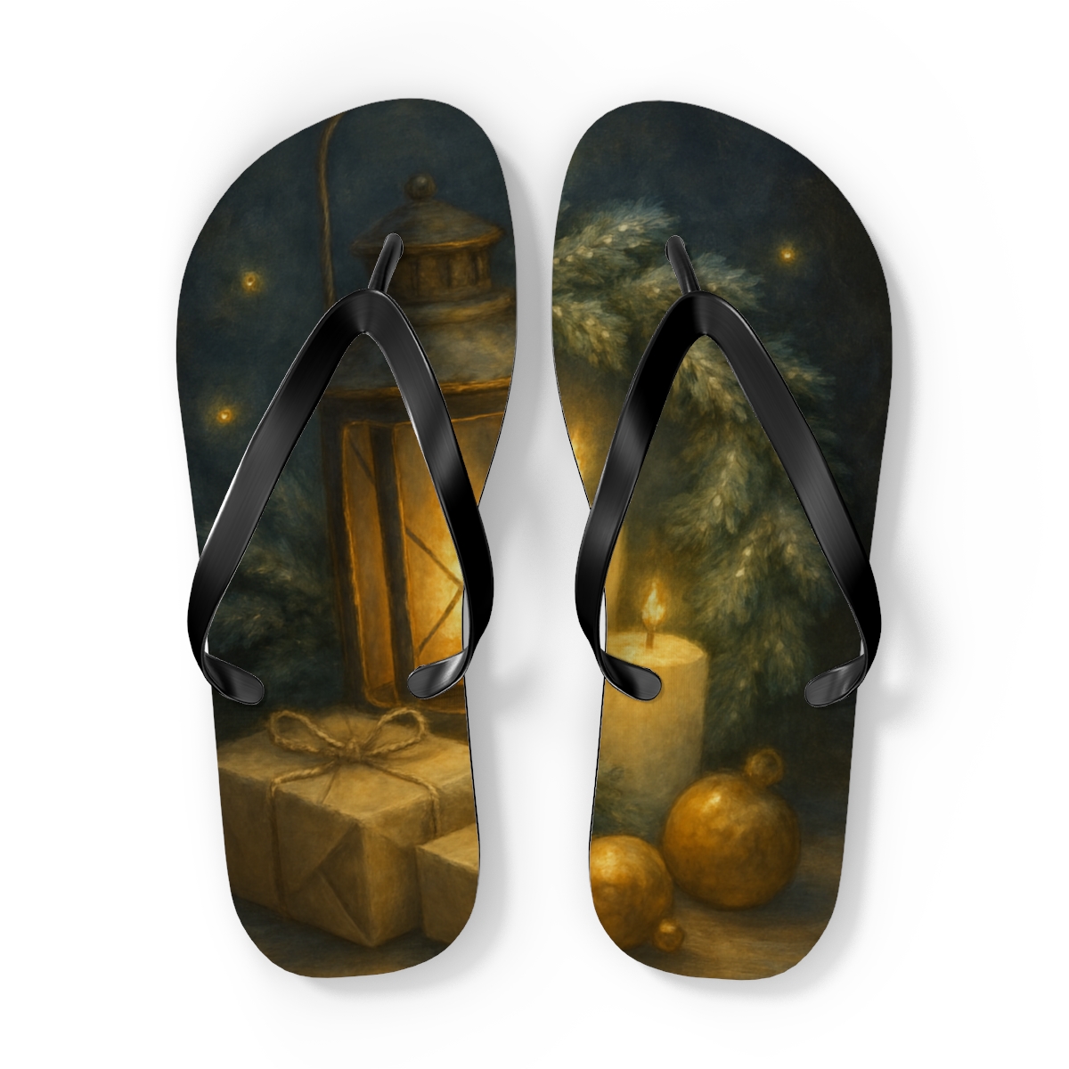 Lantern Lit Winter Hearth unique graphic flip flops