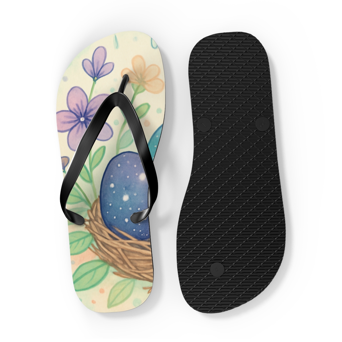 Spring Eggshell Nebula Bloom designer logo flip flops