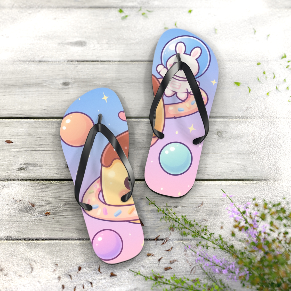Pudding Planet Pals unique graphic flip flops