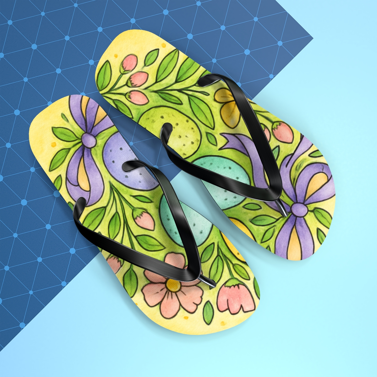 Spring Equinox Ribbon Egg Garden unique graphic flip flops