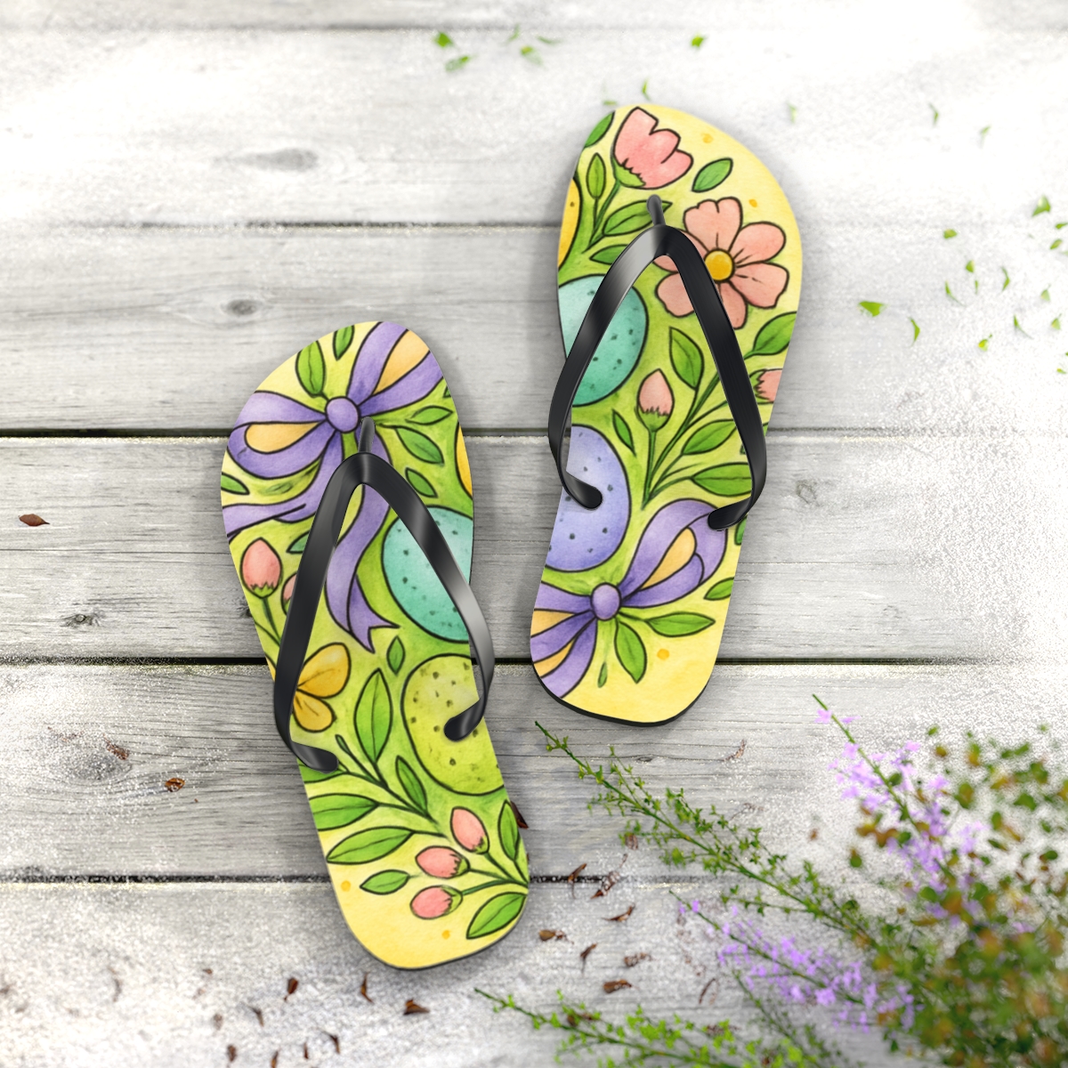 Spring Equinox Ribbon Egg Garden unique graphic flip flops
