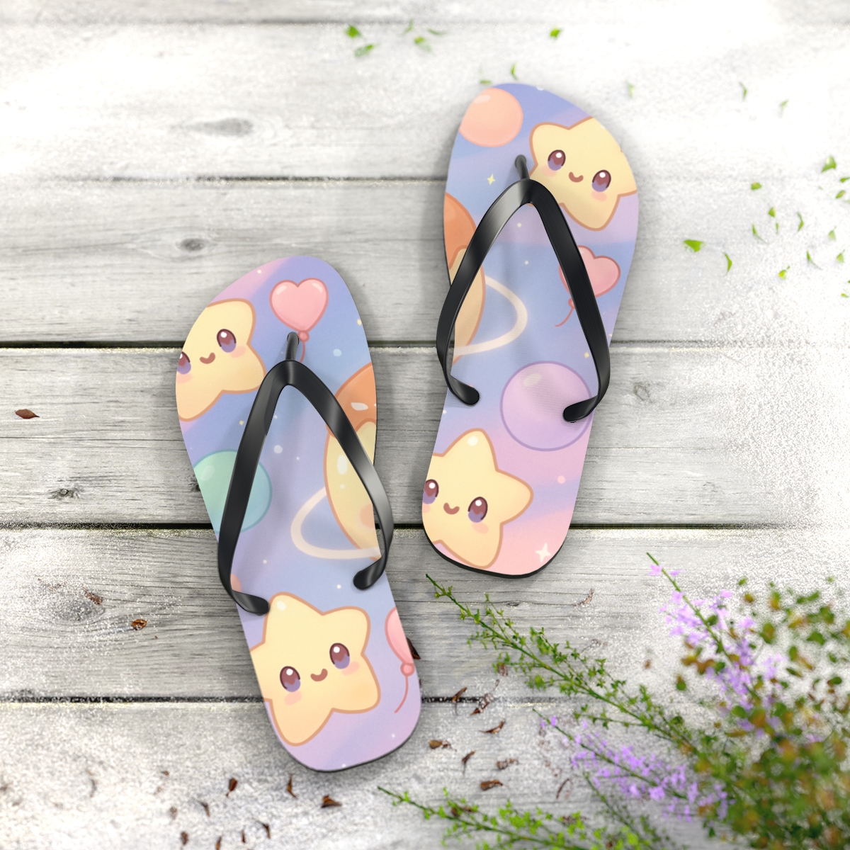 Pudding Planet Playtime unique graphic flip flops