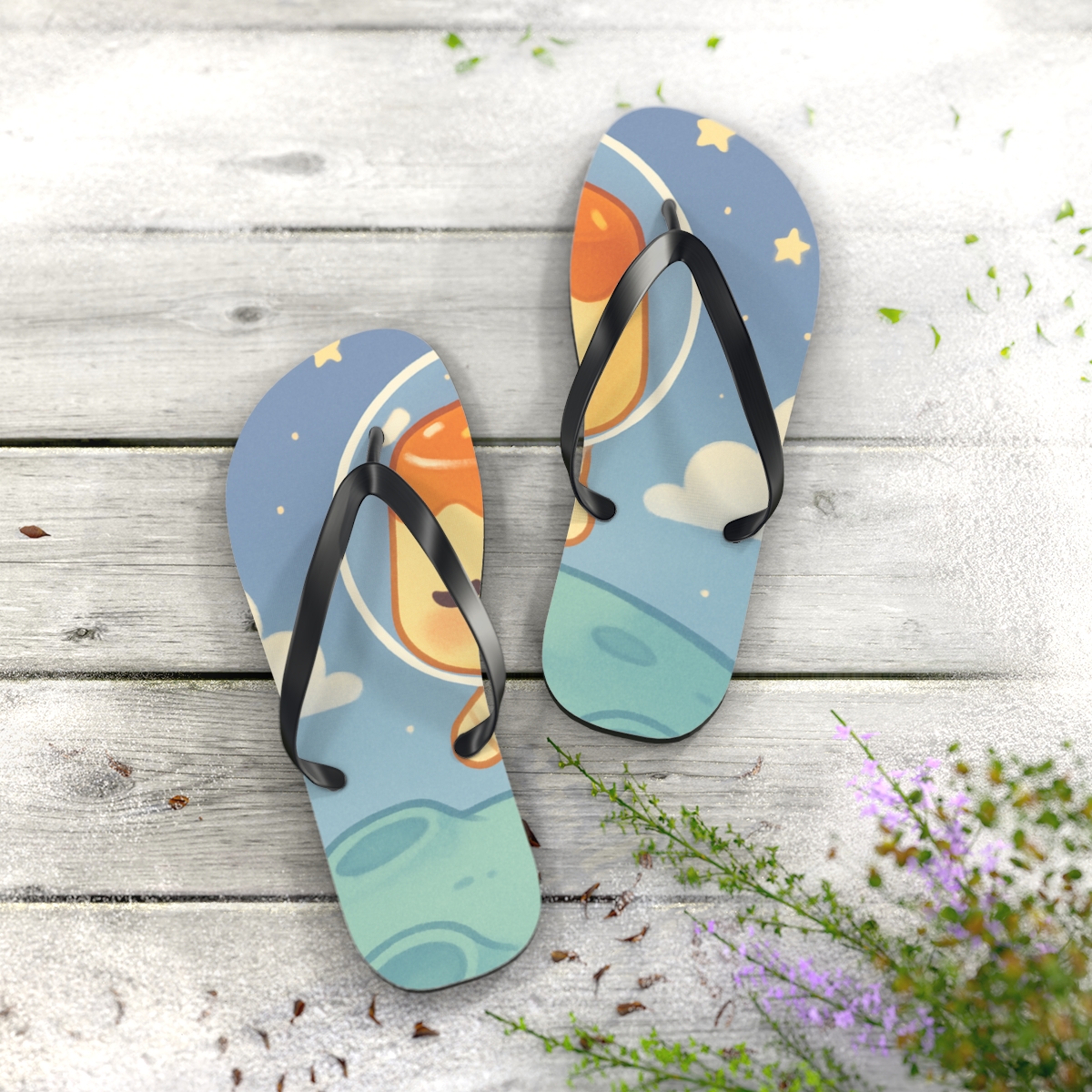 Cosmic Pudding Astronaut designer logo flip flops