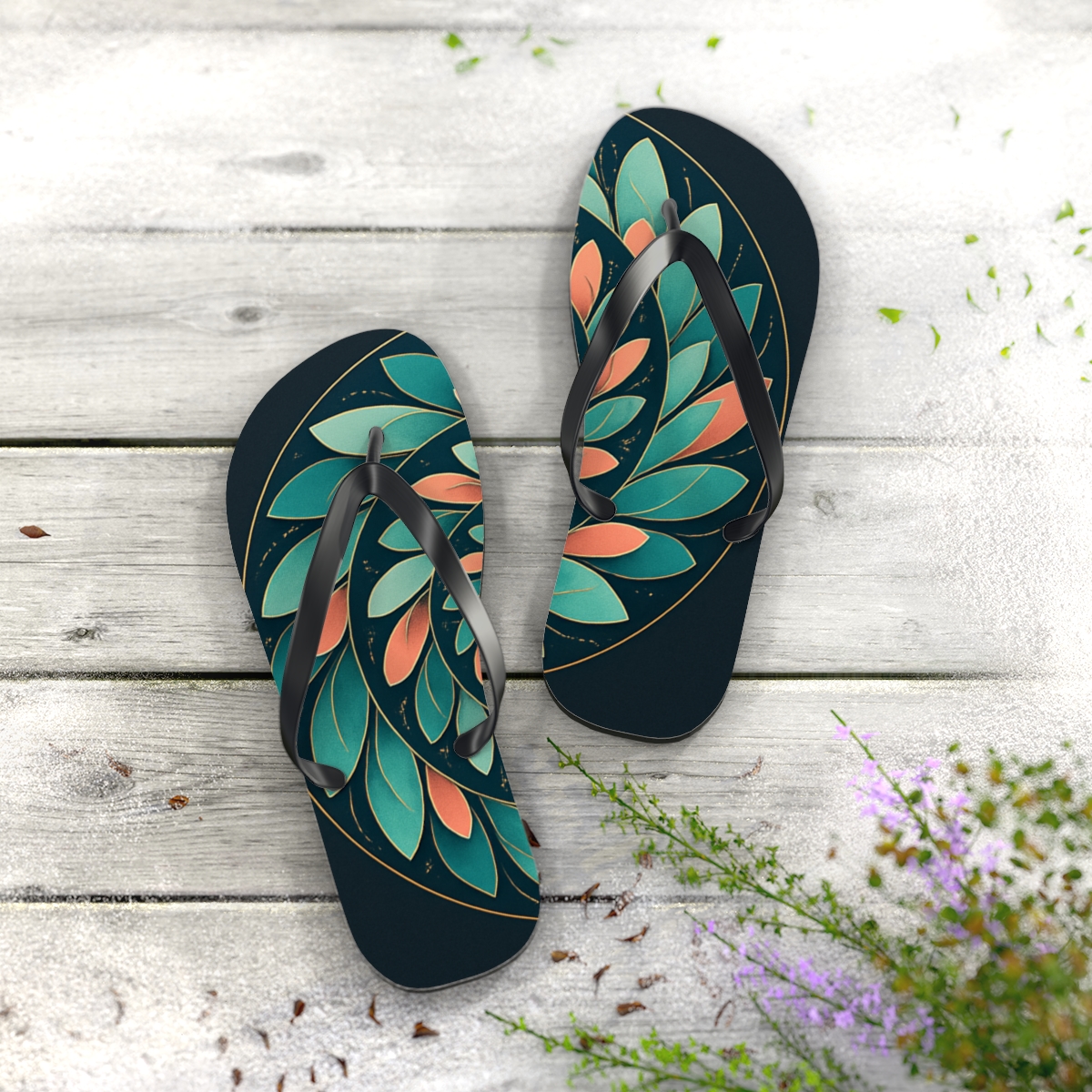 Orbiting Petal Harmonies colorful rubber flip flops