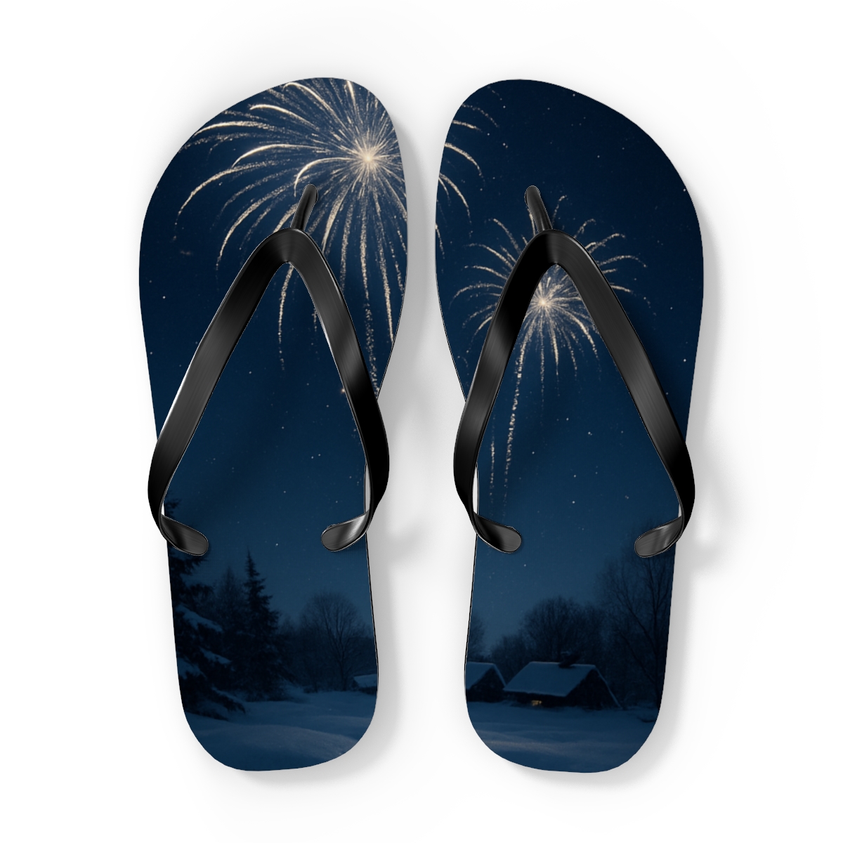 Snowlit Midnight Fireworks personalized beach flip flops