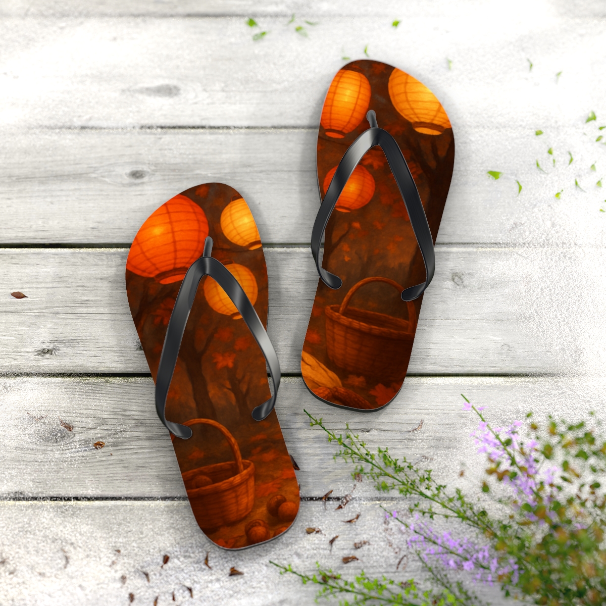 Autumn Lantern Harvest Glow personalized beach flip flops