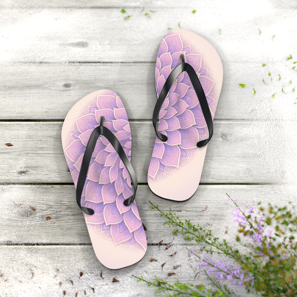 Floral Spiral Aether designer logo flip flops