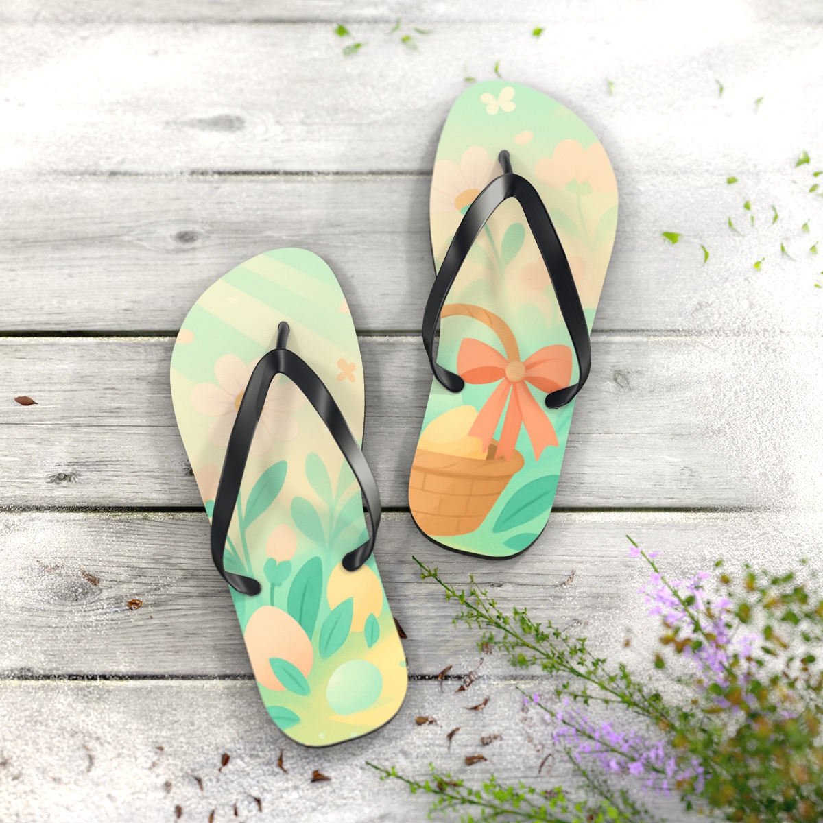 Spring Egg Hunt Aurora Garden personalized beach flip flops
