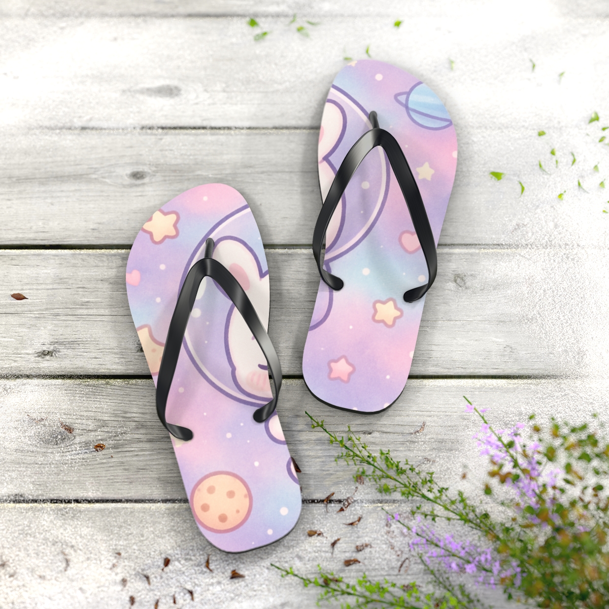 Nebula Naptime Bunny colorful rubber flip flops