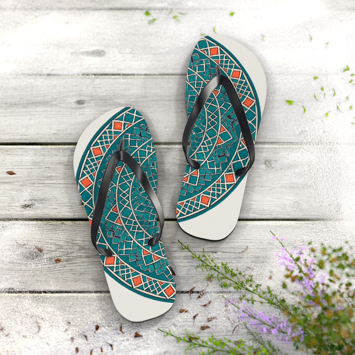 Chromatic Lattice Rosette colorful rubber flip flops
