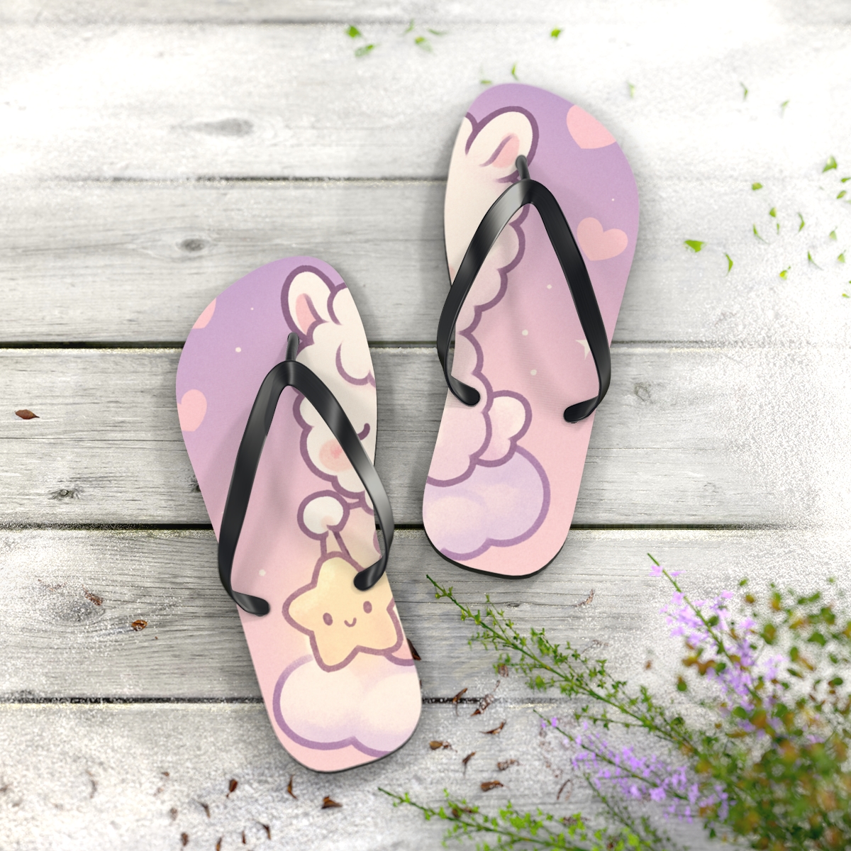 Lavender Lantern Llama Lounge soft sole flip flops