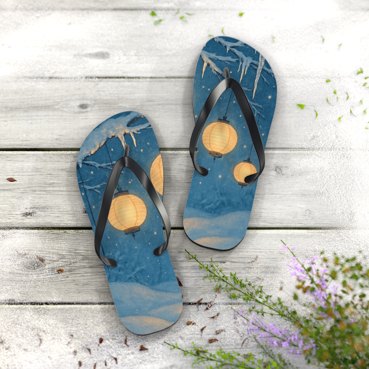 Winter Lantern Starlight colorful rubber flip flops