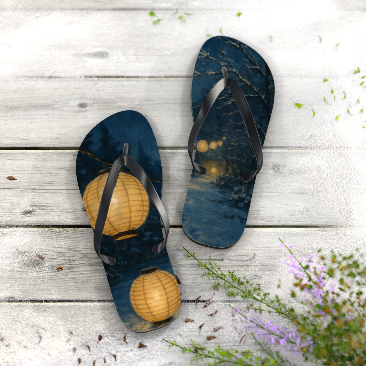 Midwinter Lantern Waltz colorful rubber flip flops