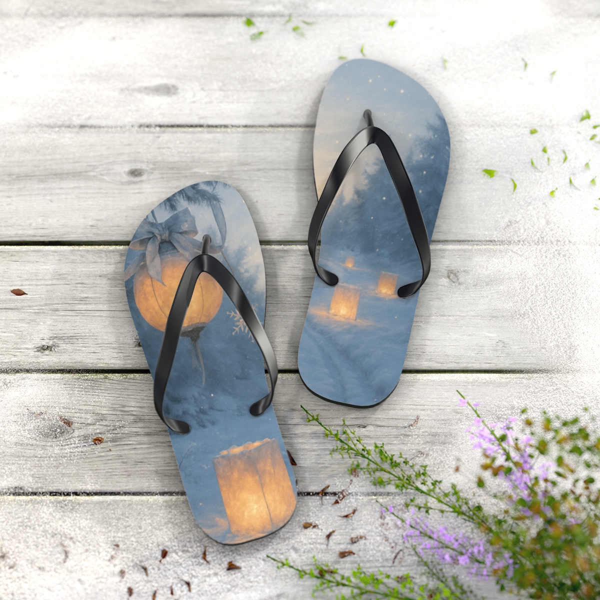 Winter Lantern Snowglow colorful rubber flip flops