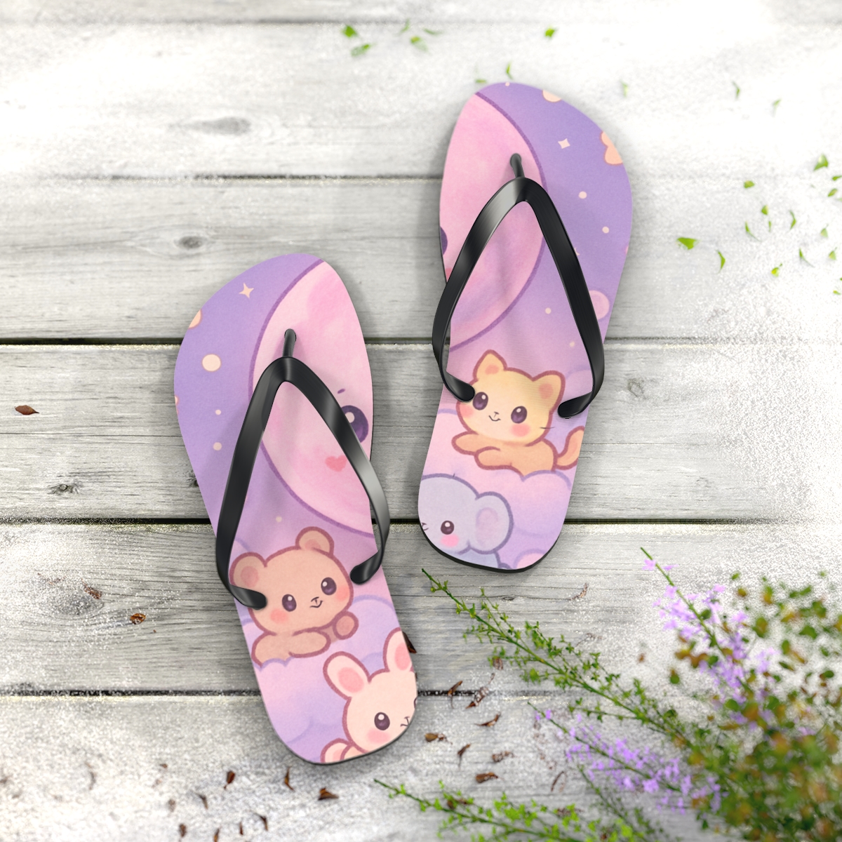 Cotton Candy Moon Critters unique graphic flip flops