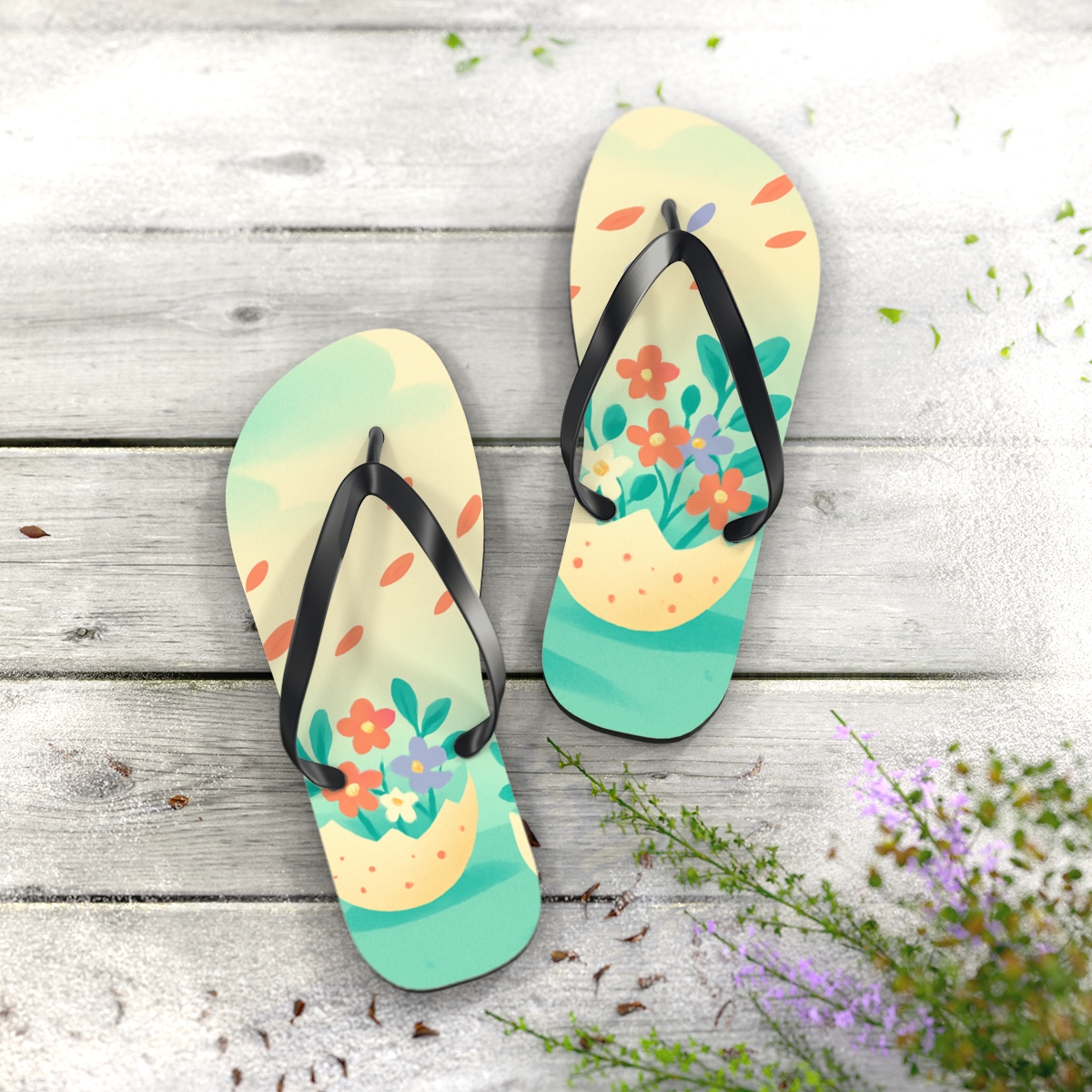 Spring Eggshell Blossom Parade designer logo flip flops