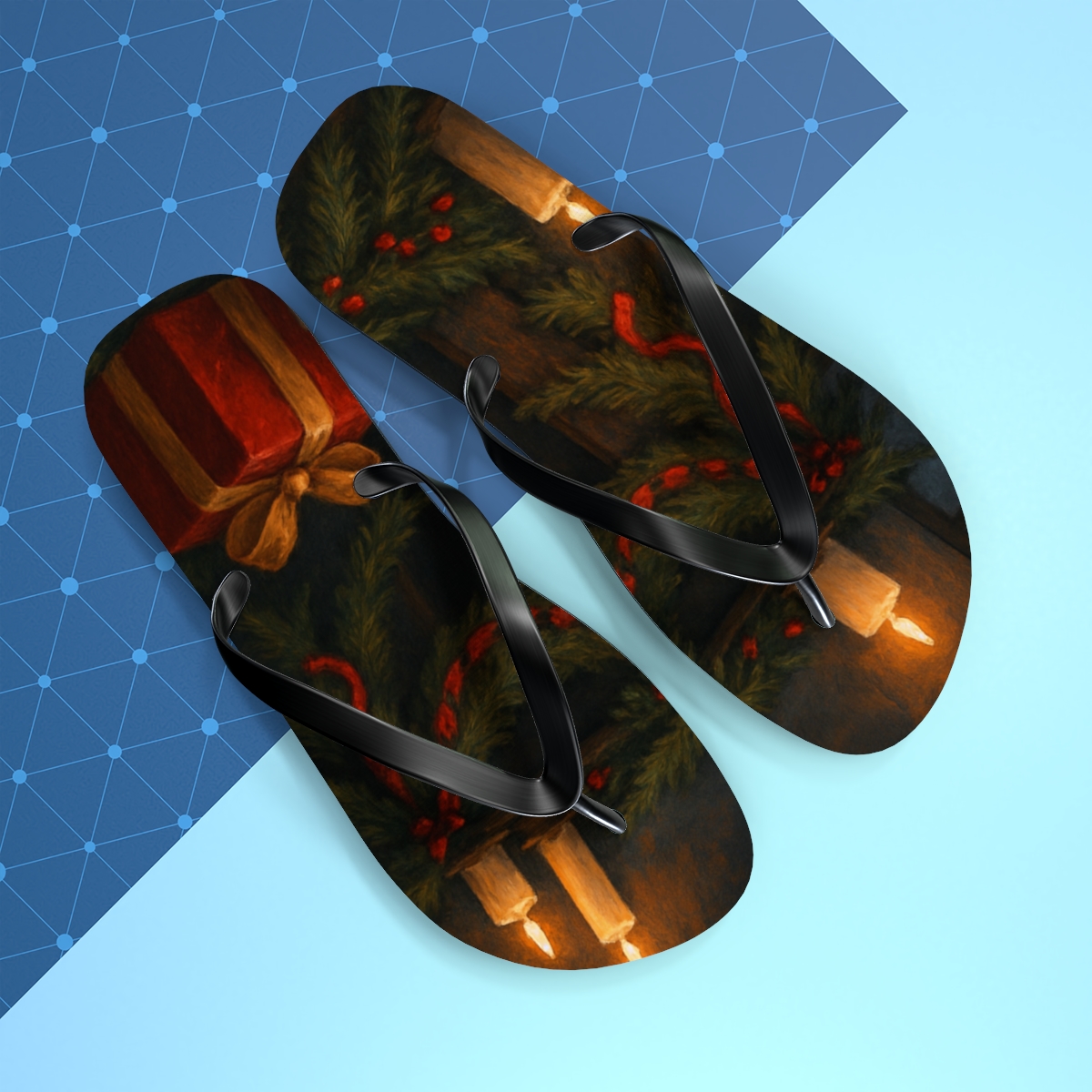 Winter Hearth Ribbon Glow designer logo flip flops