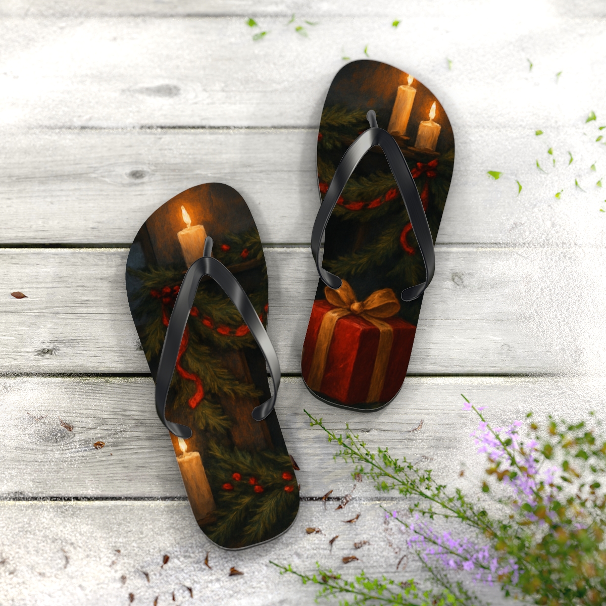 Winter Hearth Ribbon Glow designer logo flip flops
