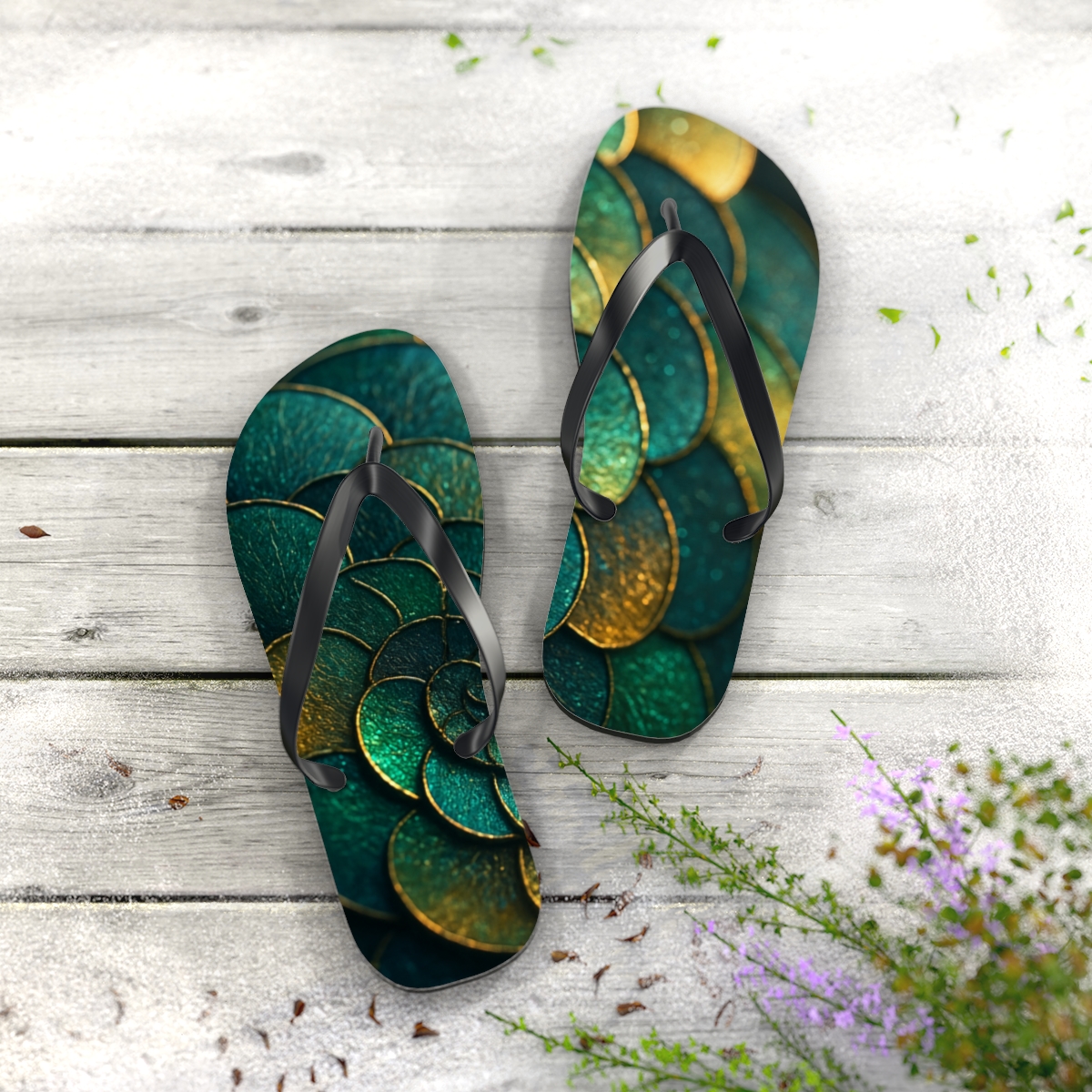 Iridescent Beetle Mosaic designer logo flip flops