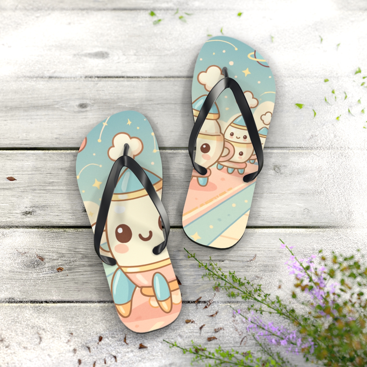Starlight Teacup Rocket Parade colorful rubber flip flops